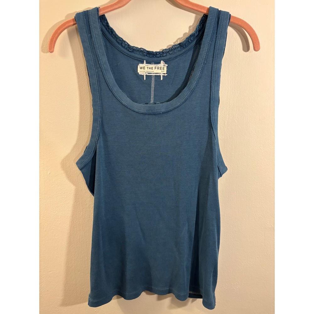 We The Free Teal Blue Ribbed Tank Tp Lace Trim Racerback